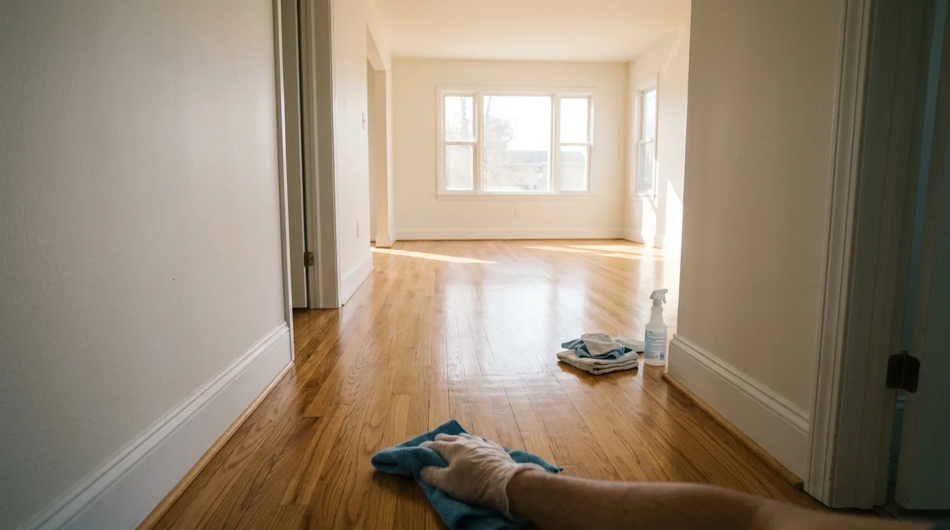 an empty living room in a vacant house, freshly cleaned floors and baseboards, sunlight through bare windows, no furniture, no people