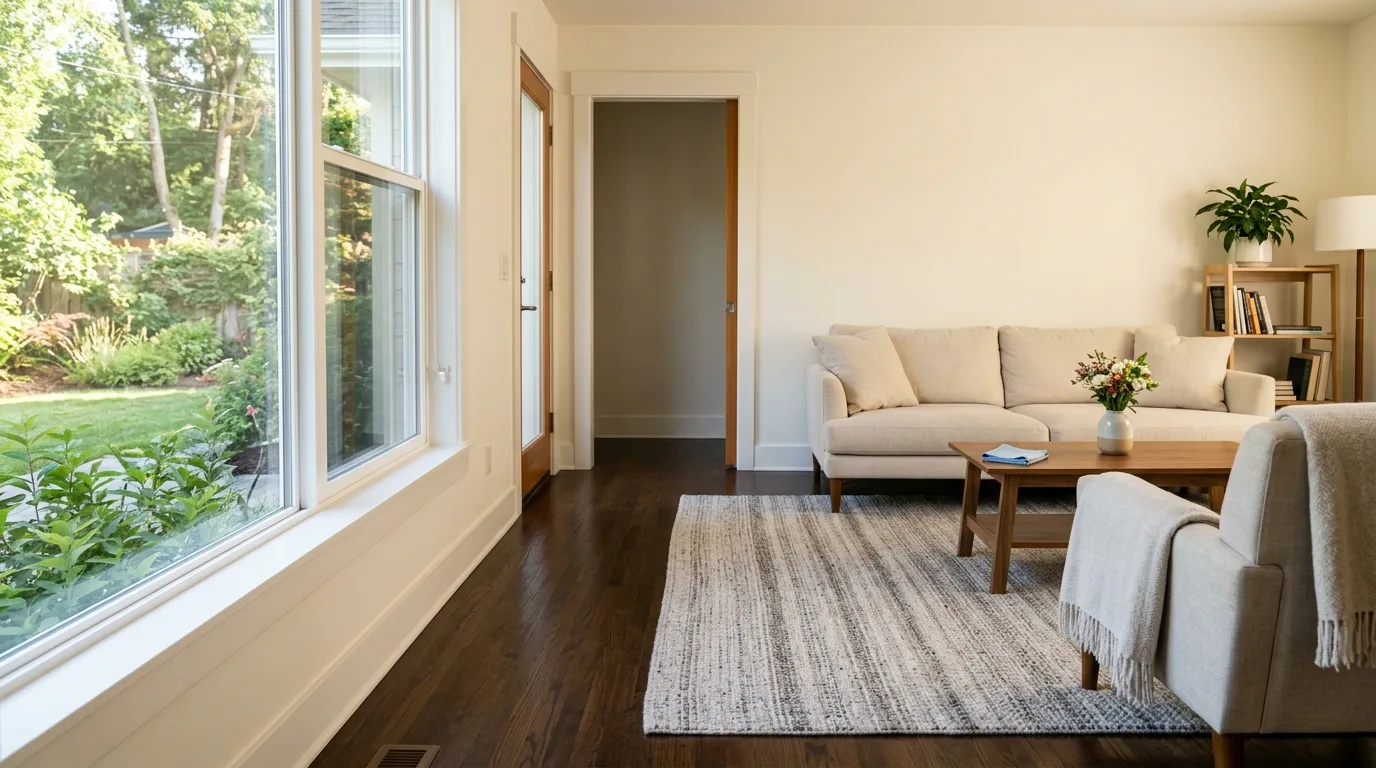 a freshly deep-cleaned living room, streak-free windows, wiped baseboards and door frames, vacuum lines visible on the rug, no people, no text