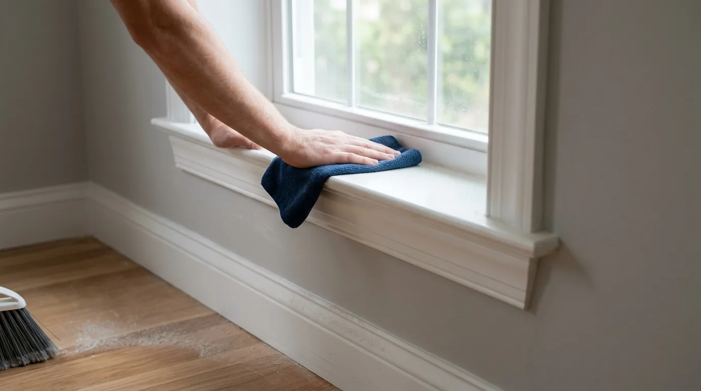 a newly renovated room with fine construction dust being wiped from a painted windowsill and trim, floor swept clean below, no tools or people in frame, soft daylight