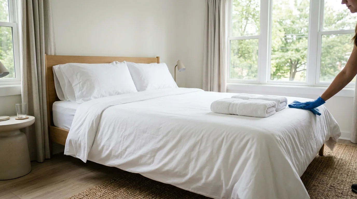 a short-term rental bedroom moments after turnover, crisp white linens tucked tight at the corners, two folded towels stacked at the foot of the bed, curtains open to daylight, no people, no logos