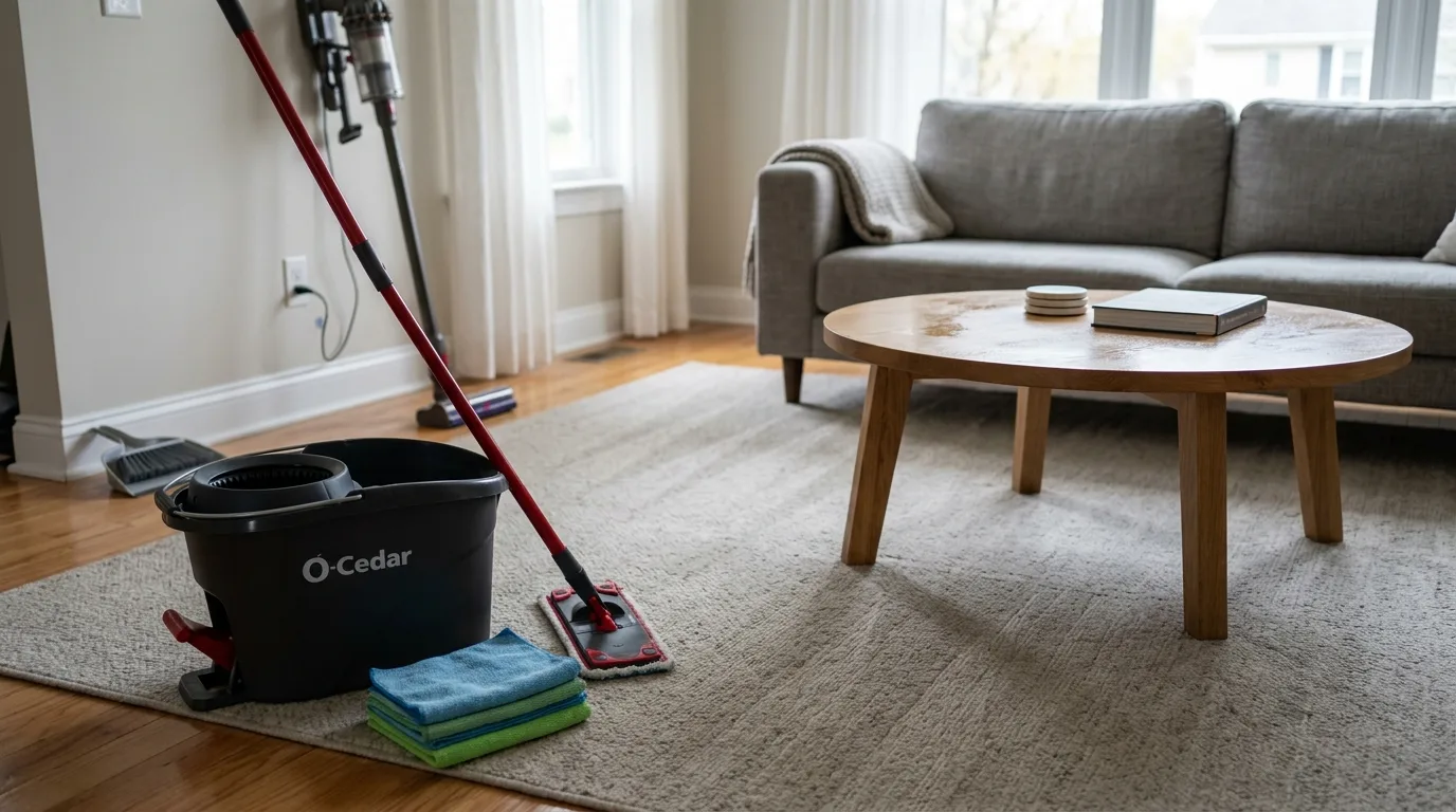 A tidy living room mid-clean, mop bucket and folded microfiber cloths on the floor beside freshly vacuumed carpet lines and a wiped coffee table